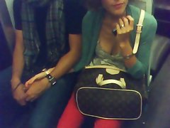 downblouse braless round Paris underground railway