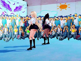 2 schoolmeisjes met enorme tieten dansen + geleidelijk uitkleden (3D HENTAI)