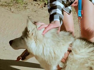 Cantik remaja mengambil berjalan-jalan dengan anjing